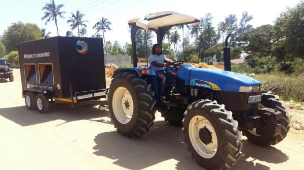 The solar powered Community Tablet is quite literally a mobile device. It is built on a trailer so that it can be towed.
